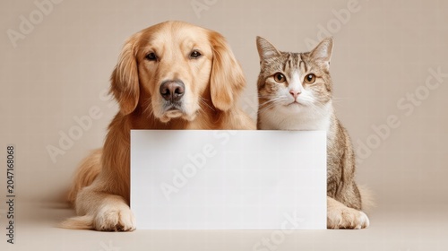 Friendly golden retriever and tabby cat holding a blank sign together.