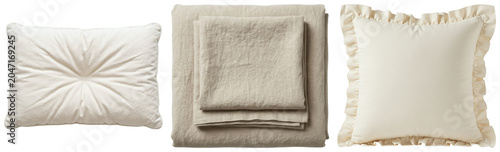 Bild auf Leinwand Set of three beige linen bedding items: a tufted pillow, folded flat sheets, and a ruffled pillow, isolated on a white background