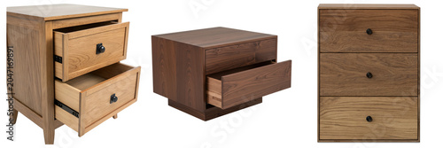 Photos Three wooden nightstands with drawers, isolated on white background