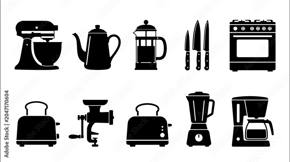 Obraz premium Kitchen Appliance Collection Featuring Mixer Kettle Toaster Blender Coffee Maker Oven and Culinary Equipment Silhouettes