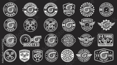 A collection of various white graphics and logos are displayed on a black background.