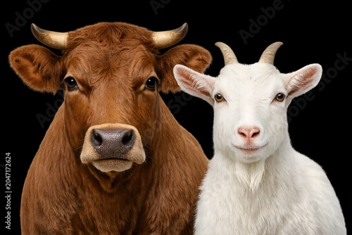 A black and white cow and calf stand together in a green rural pasture, representing dairy and beef cattle farming in a grassy meadow field