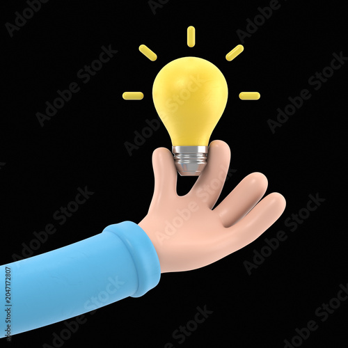 Cartoon Gesture Icon Mockup.3d icon hand holding light bulb gesture. cartoon great idea concept, 3D rendering on black Screen for footage and clipping path.
