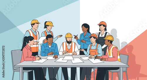 Diverse construction team meeting.