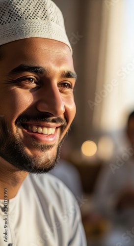 Happy Middle Eastern man wearing a white kufi cap smiling warmly.