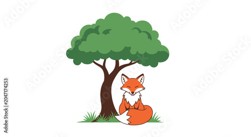 Foto Orange Fox Sitting Under Tree.