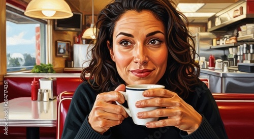 Middle aged woman enjoying a hot coffee in a retro diner.