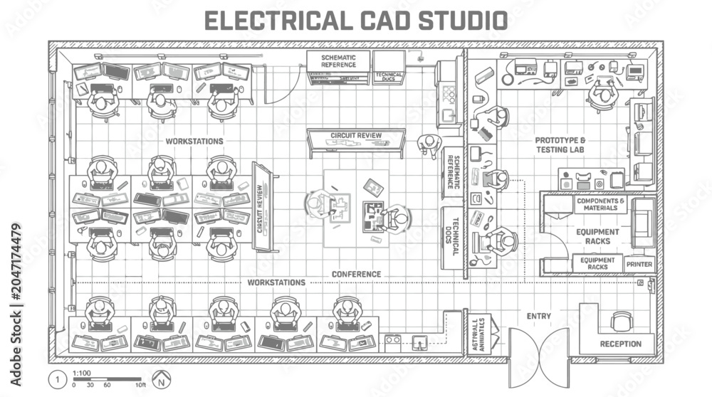 Obraz premium CAD Electrical CAD Studio Floor Plan Architectural Blueprint Vector for Engineering Projects, Office Interior Design & Workspace Technical Documentation (EPS)