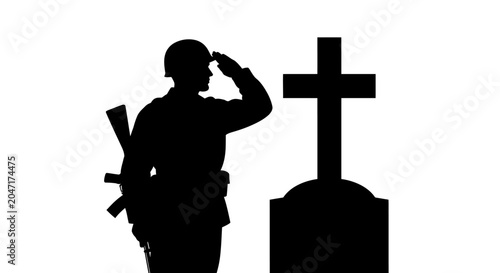 Bild auf Leinwand Soldier saluting at a cemetery grave with cross honoring the fallen with respect