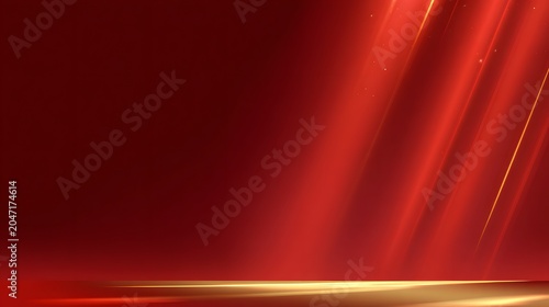 Red background with spotlight ray shining on a golden podium. Luxury stage platform presentation template for commercial product showcase