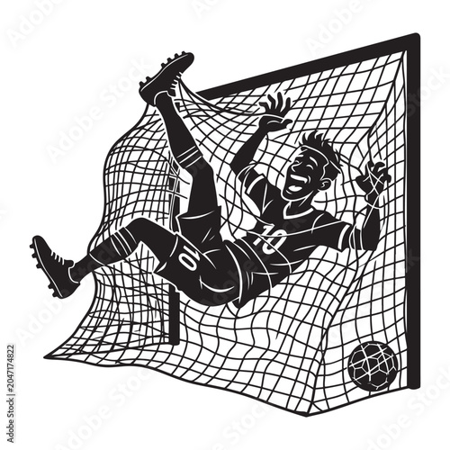 Soccer Player Tangled Inside Goal Net After Scoring Vector