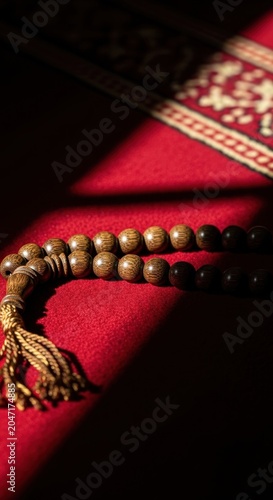 Wooden prayer beads resting on a red patterned textile fabric.