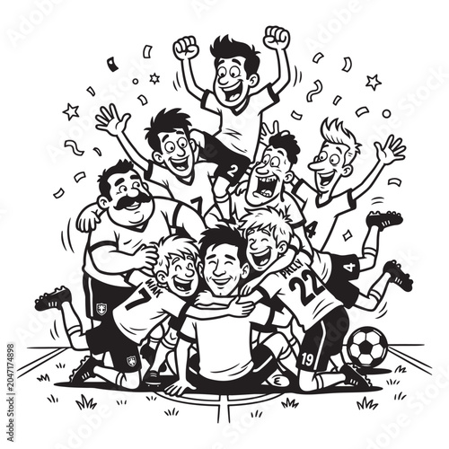 Soccer Team Group Celebration After Championship Victory Vector