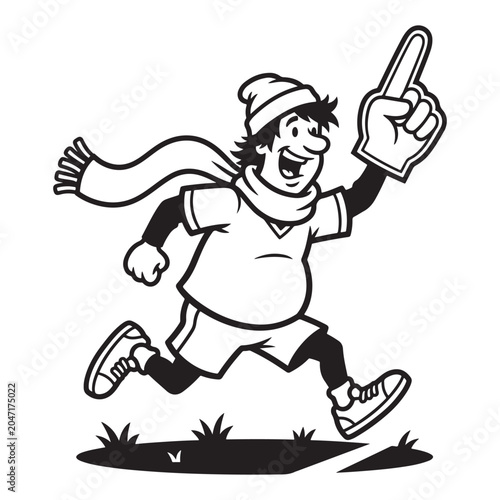 Happy Winter Football Fan Running with Foam Finger Illustration