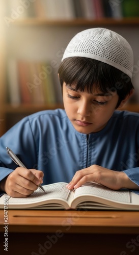 Young Muslim Boy Studying and Writing in a Book at Home.