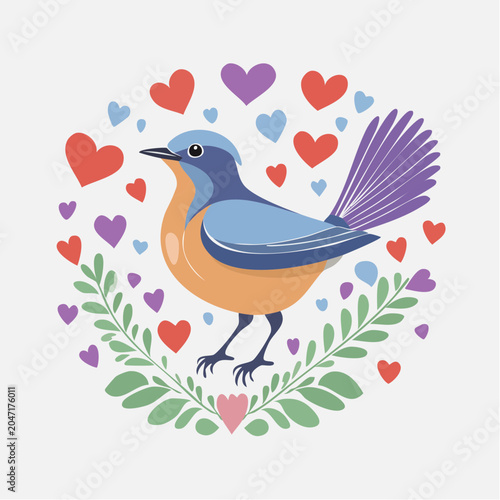 Charming Bird Surrounded by Hearts and Leaves