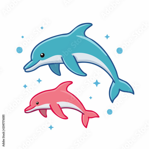 Cute Cartoon Dolphins Swimming Together