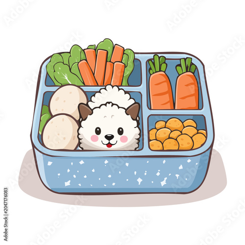 Cute cartoon dog peeking out of a bento lunchbox with food