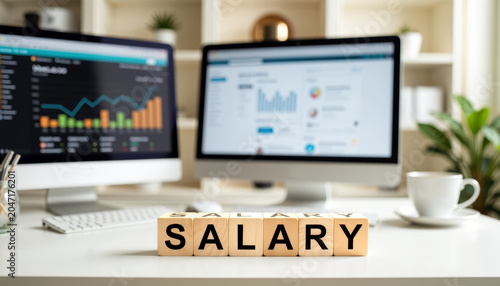 Workplace payroll analytics with SALARY blocks near dual monitors for employee pay tracking, finance reports, department costs and budget review.
