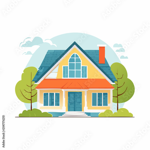 Illustration of a charming yellow house with blue roof and orange trim