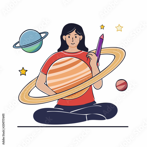 Woman holding planet with rings, surrounded by stars and planets