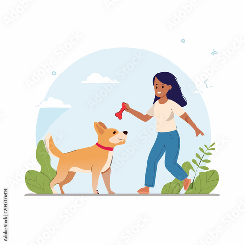 Woman Playing Fetch with Dog Outdoors