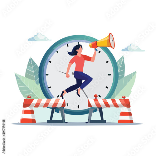 Woman with megaphone jumping over barriers in front of clock