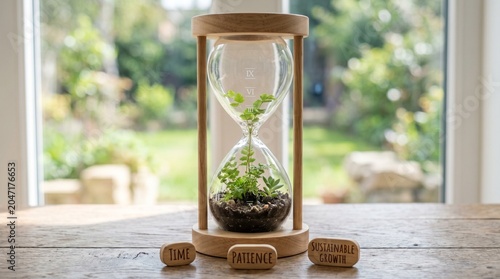 Conceptual hourglass containing growing green plants, symbolizing patience, sustainable growth, long term success, environmental responsibility, and the passage of time.