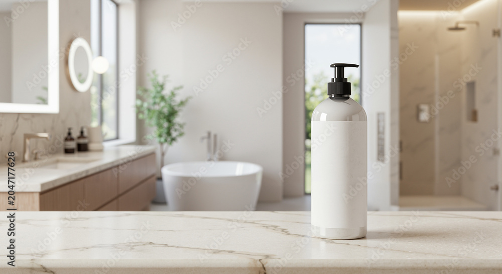 Fototapeta premium Modern bathroom with white bottle and stylish decor on countertop 