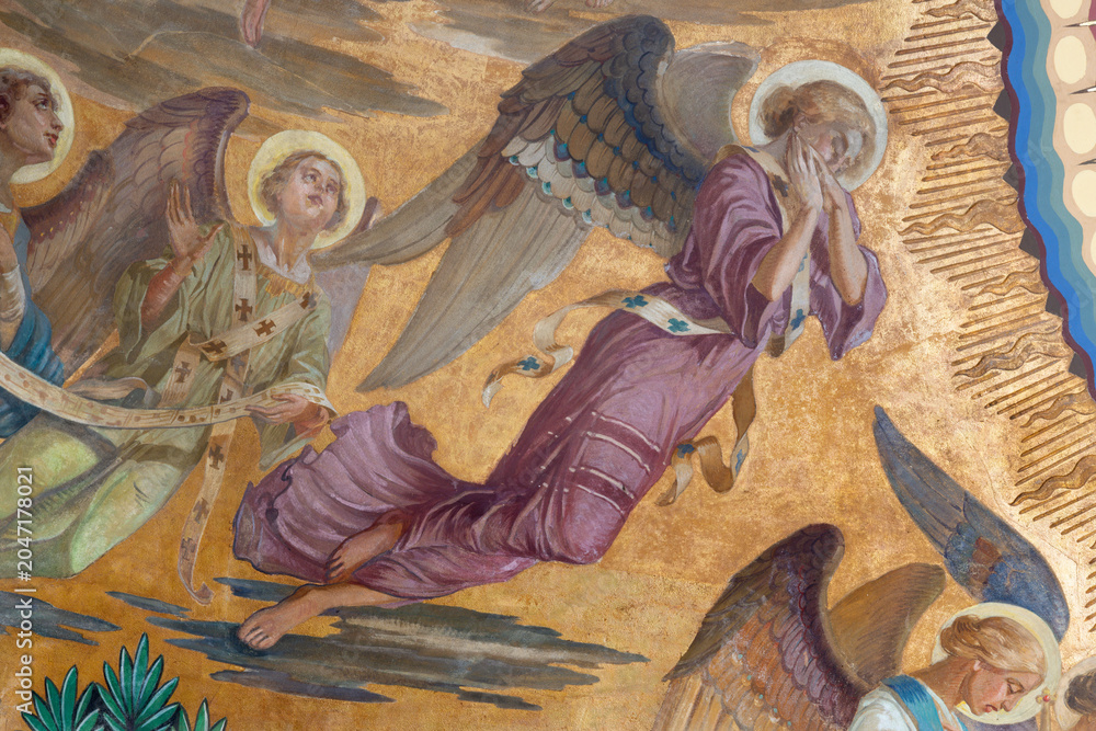 Obraz premium MONZA, ITALY - MARCH 19, 2026: The fresco of angel adorated Jesus the Pantokrator in main apse of the church Chiesa di San Carlo by Grandi from year 1925.