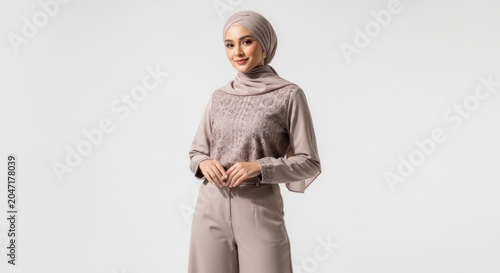 Elegant Muslim Woman Wearing Modest Beige Hijab Outfit.