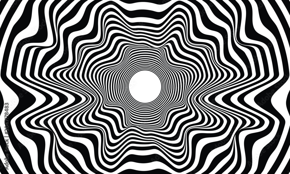 Fototapeta premium Abstract hypnotic pattern with black-white striped lines. Psychedelic background. Op art, optical illusion. Modern design, graphic texture.