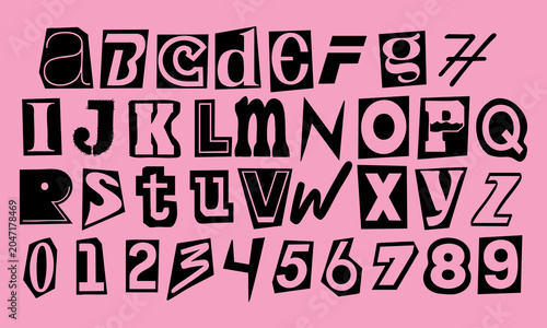 One color ransom note alphabet and numbers set with punk DIY poster style, handmade cutout typography, rough collage letters and bold black graphic shapes on light pink background.