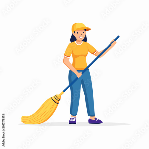 Woman in yellow cap and shirt sweeping with a broom