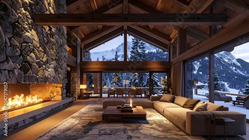 Cozy interior with fireplace, sofa, and mountain view through large windows