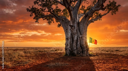 African baobab tree and Senegal flag in savanna landscape under golden hour sunset with orange clouds
