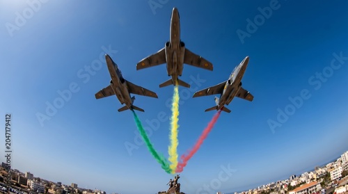 Fisheye shot of three military jets performing aerobatics with colored smoke trails over Dakar city