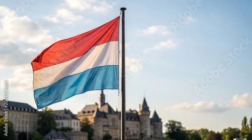 Luxembourg national flag waving on a pole against blurred historic city buildings in soft afternoon light