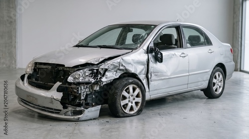 Damaged generic sedan with structural collision damage isolated automotive insurance assessment concept