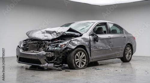 Damaged generic sedan with structural collision damage isolated automotive insurance assessment concept