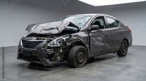 Damaged generic sedan with structural collision damage isolated automotive insurance assessment concept