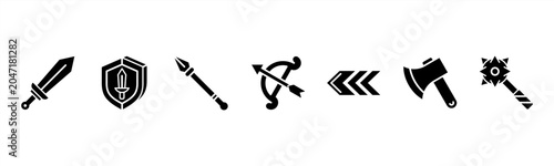 Quadro su tela Medieval Weapons set with Sword, Shield, Spear, Bow, Arrow, Axe, and Mace for history and combat visuals