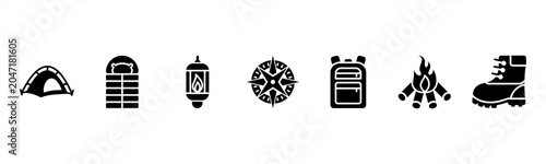 Camping Gear set featuring Tent, Sleeping Bag, Lantern, Compass, Backpack, Campfire, Hiking Boots for outdoor adventure visuals.