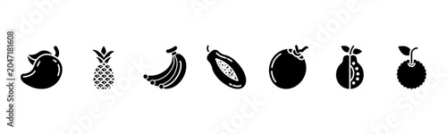 Картината върху платно Tropical Fruits set featuring Mango, Pineapple, Banana, Papaya, Coconut, Guava, Lychee for fresh and exotic visuals