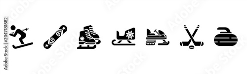 Photography Winter Sports set featuring Ski, Snowboard, Ice Skate, Sled, Snowmobile, Ice Hockey Stick, Curling Stone for cold-weather sports