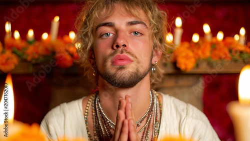 Peaceful meditation with candlelight during vibrant day of the dead celebration