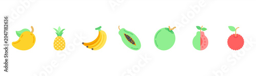 Foto Tropical Fruits set featuring Mango, Pineapple, Banana, Papaya, Coconut, Guava, Lychee for fresh and exotic visuals