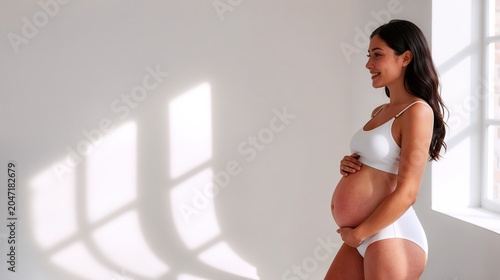 A beautiful pregnant woman in white lingerie smiling while standing near a sunlit window in a bright room, gently cradling her growing baby bump with love and joy.