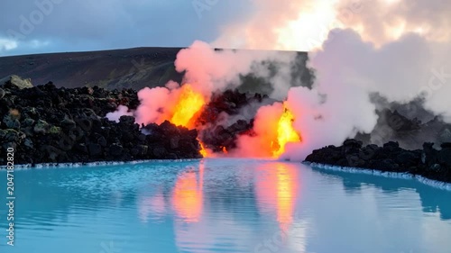 Volcanic eruption against a tranquil blue pool, with steam