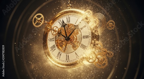 Ornate pocket watch emits golden light and swirling particles